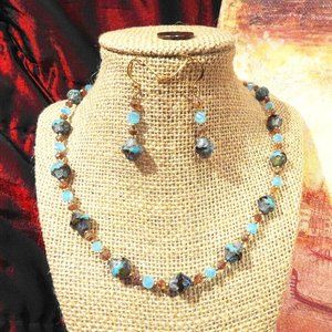 Handcrafted necklace-earring set with sky-blue Czech bicone beads